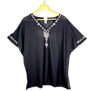 Chicos Sheer Tunic Top Black Embellished Beaded Boho 3